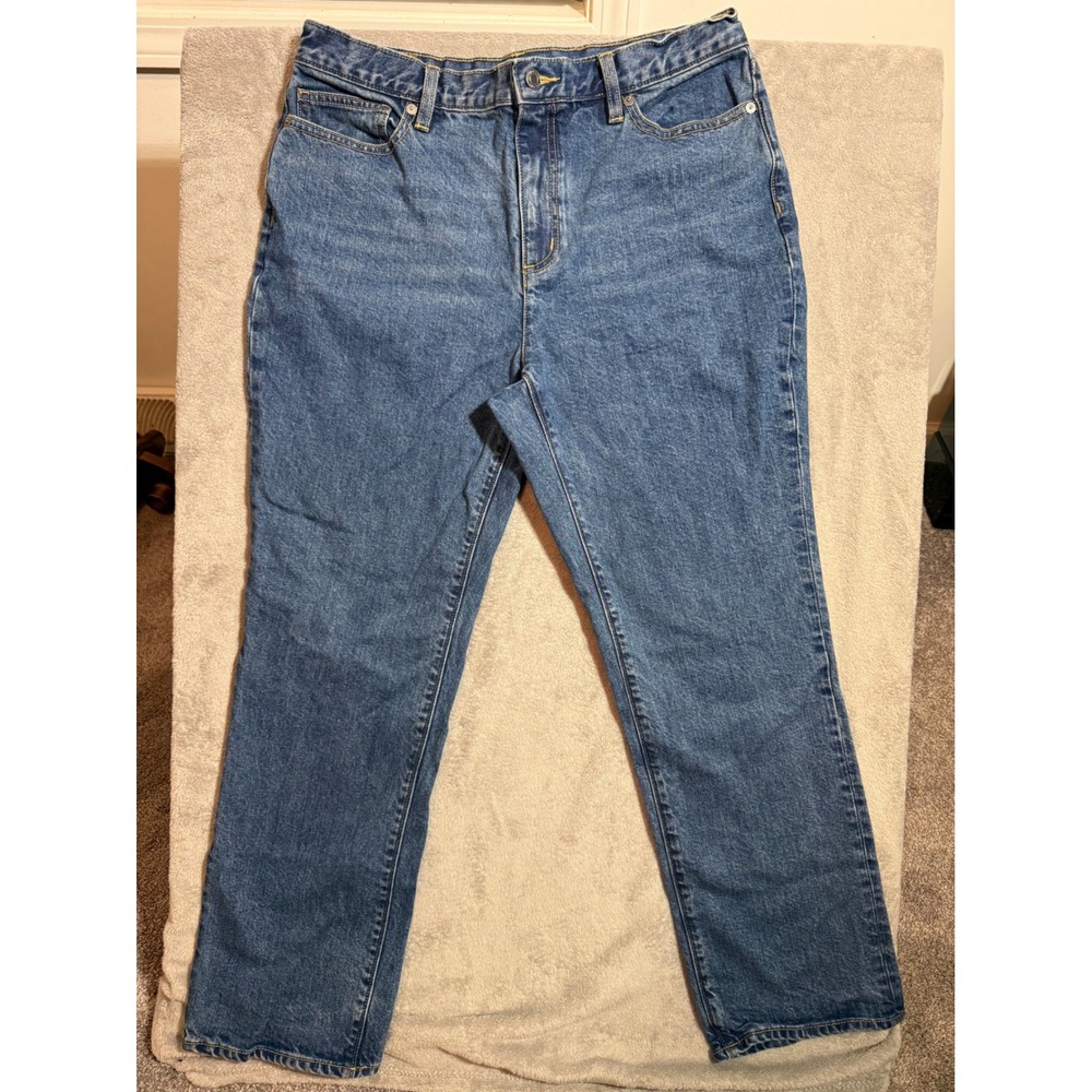 Lands End Womens 12 Petite High Rise Straight Leg Jeans Medium Wash Blue Denim